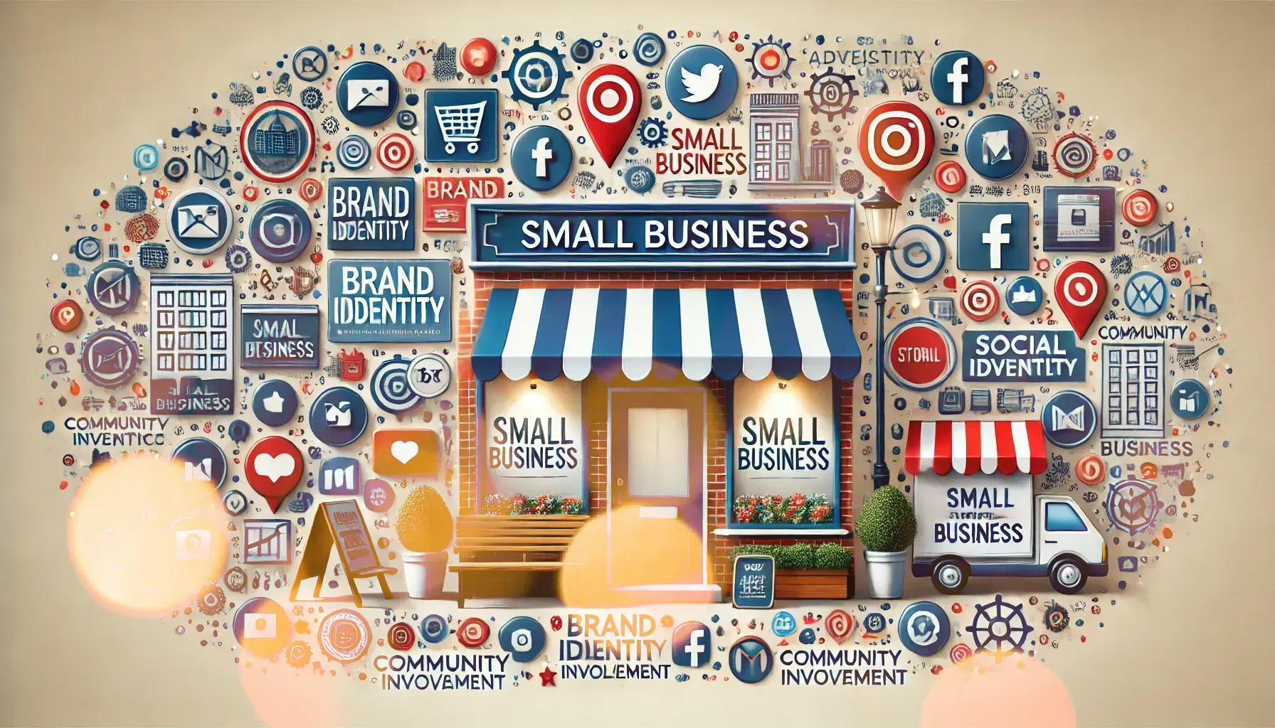 A small business is surrounded by social media icons.