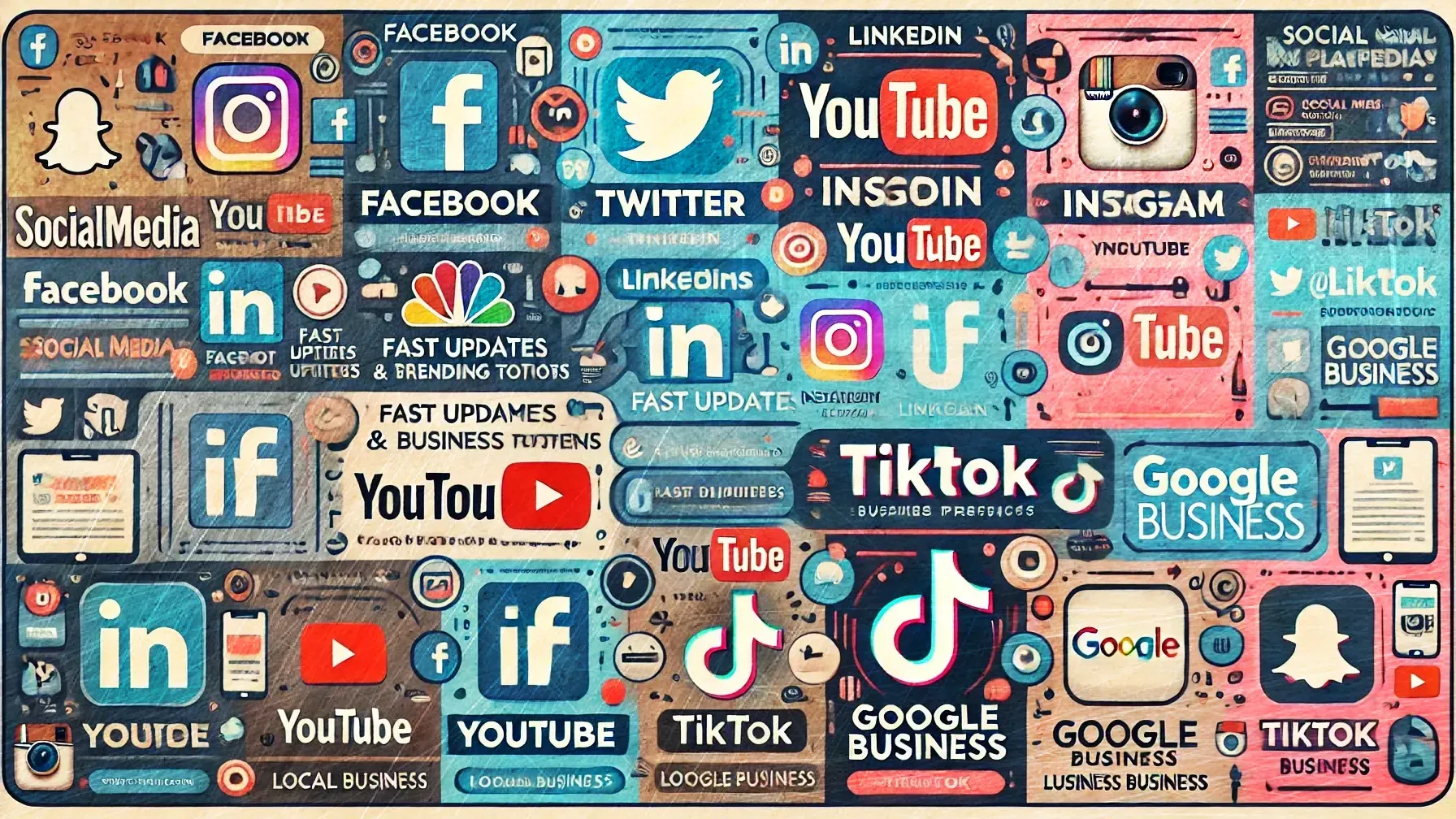 A collage of social media logos on a black background.