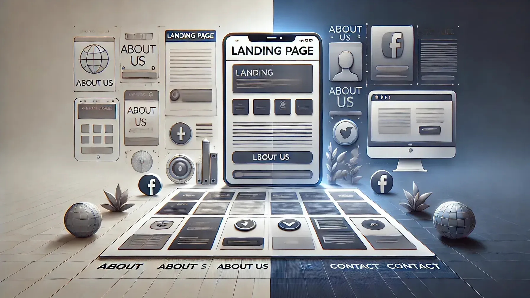 A black and white illustration of a landing page.