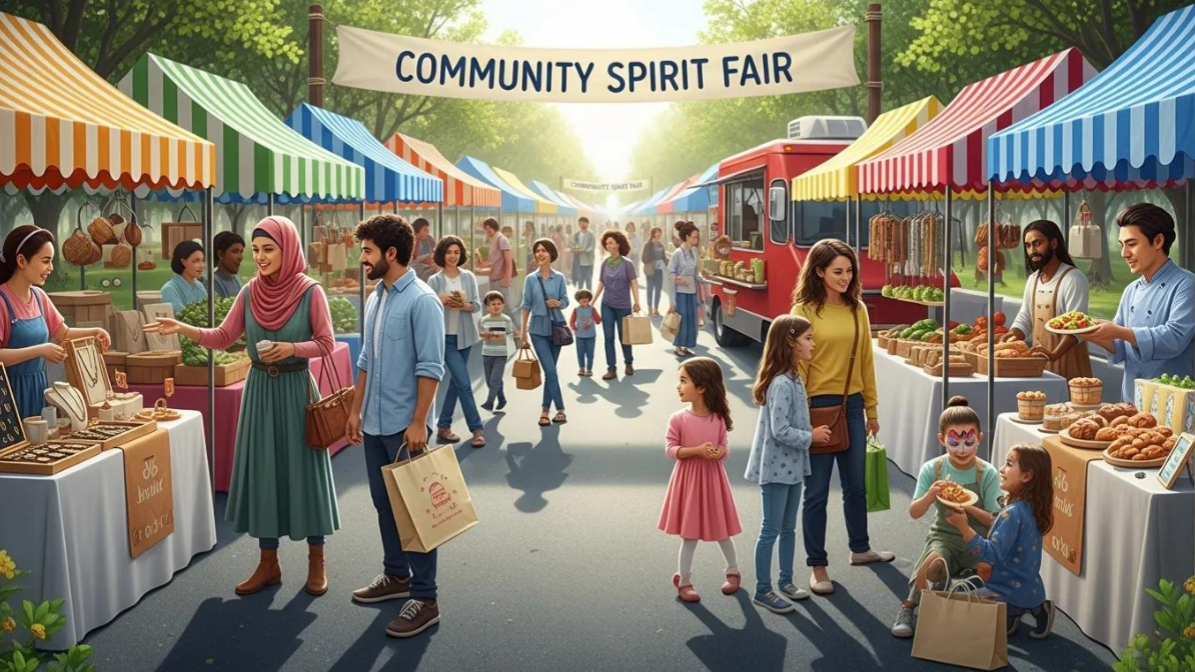 Community Spirit Fair with colorful market stalls, people browsing, and a banner overhead