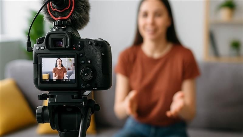 Woman sitting in front of a camera, recording a video indoors, demonstrating small business video