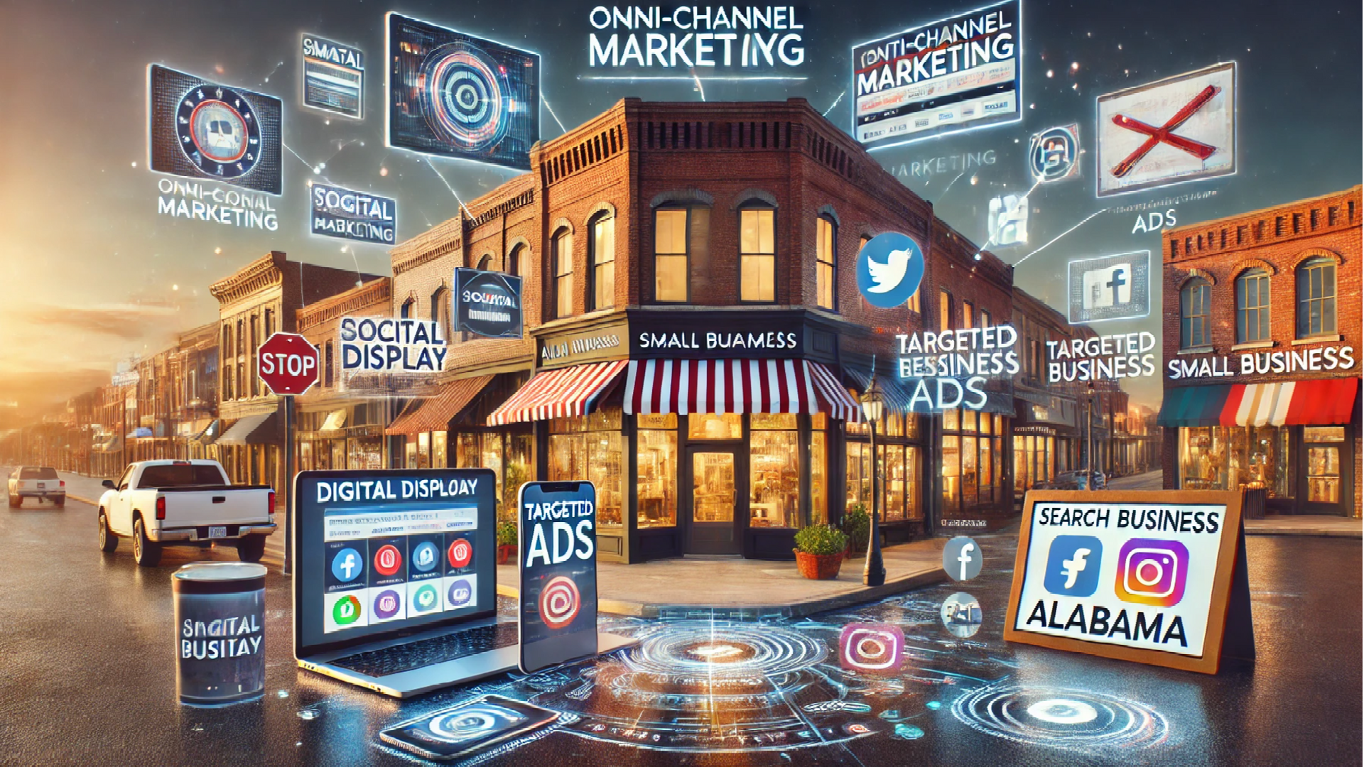 A computer generated image of a city street with a lot of social media icons.