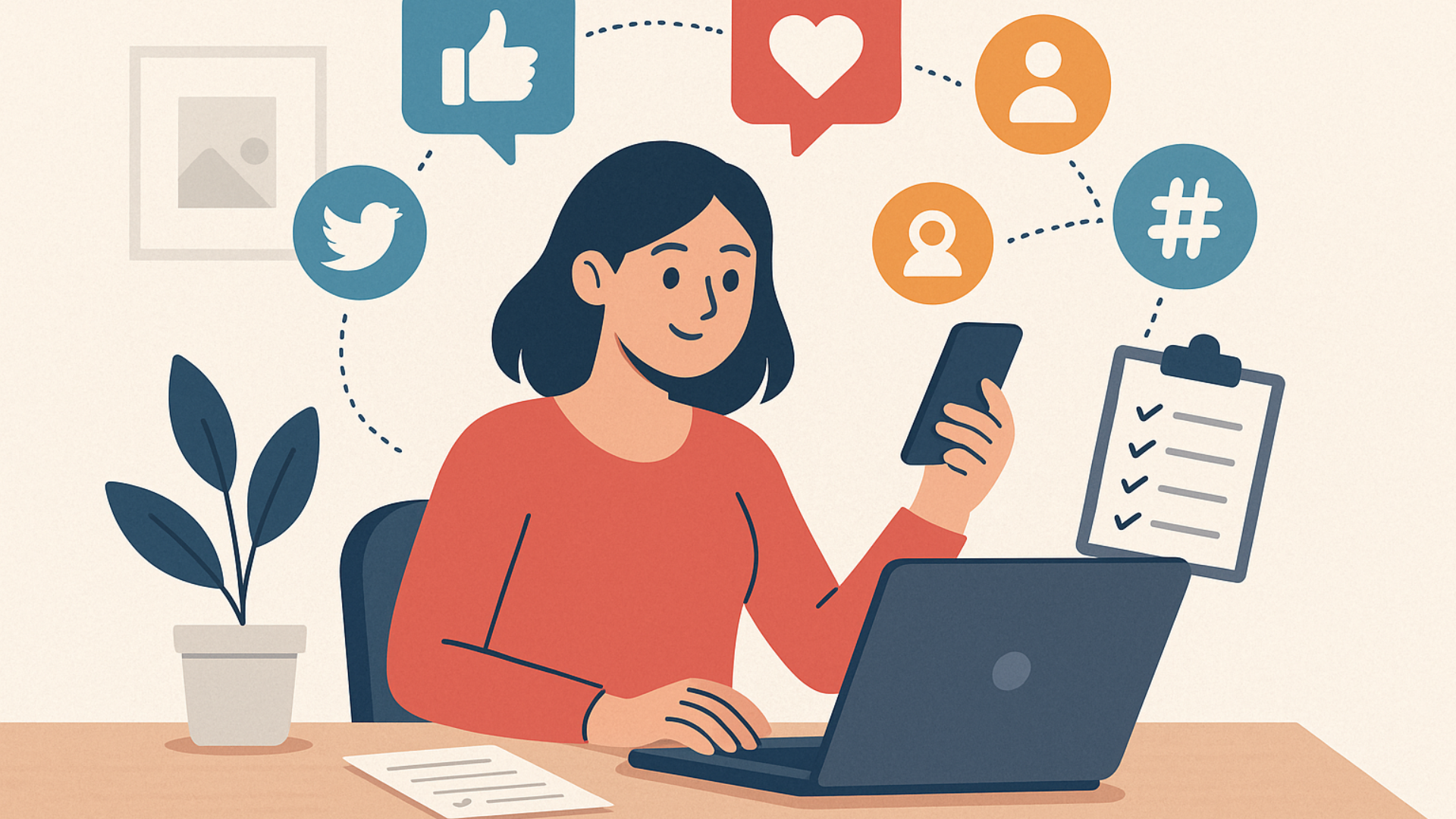 Woman using laptop and smartphone, surrounded by social media icons in home office.