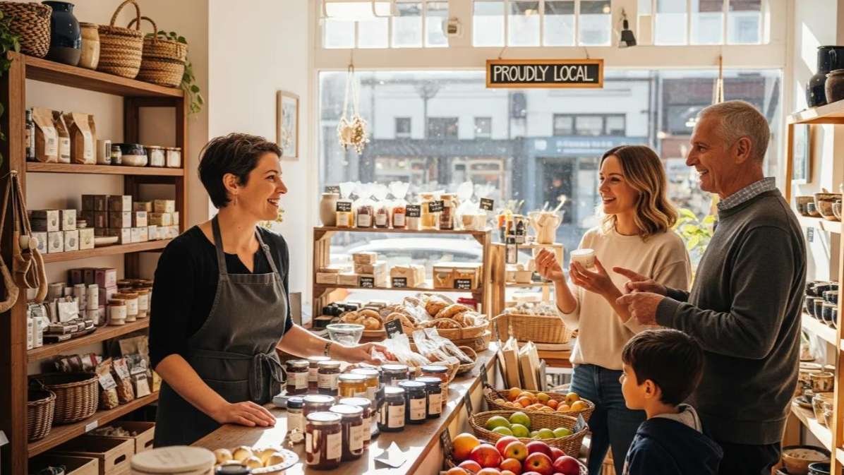 Shopkeeper serving customers in a bright bakery or market with bread, pastries, and fruit on display