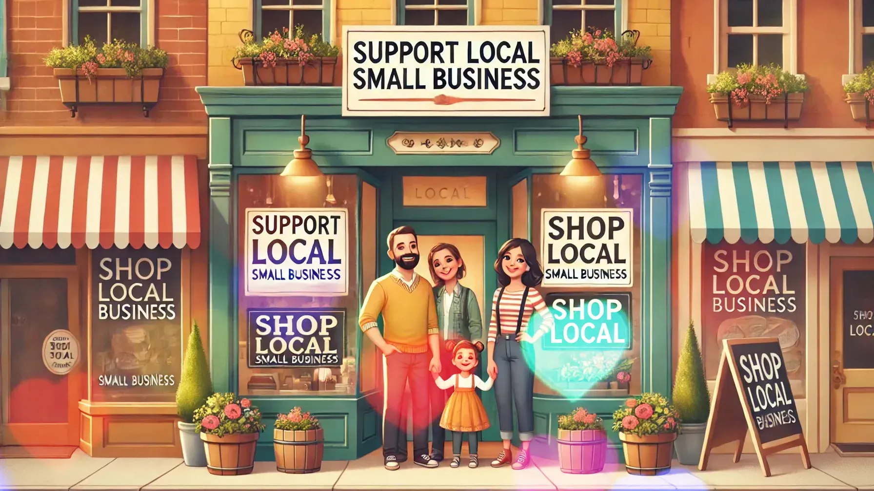 A family is standing in front of a shop that says