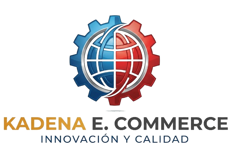 Logo for Kadena E. Commerce: Globe split blue/red, gear behind, with text