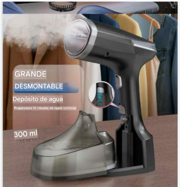 Vaporizador de ropa con depósito de agua desmontable, negro y gris, se muestra con ropa colgada y etiqueta de 300 ml.