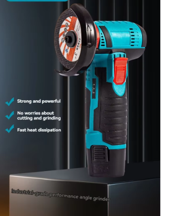 Amoladora angular inalámbrica azul y negra con protector naranja, tal como se muestra
