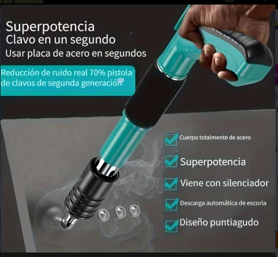 Maletín de herramientas negro abierto con pistola de calafateo roja, gafas de seguridad azules y accesorios