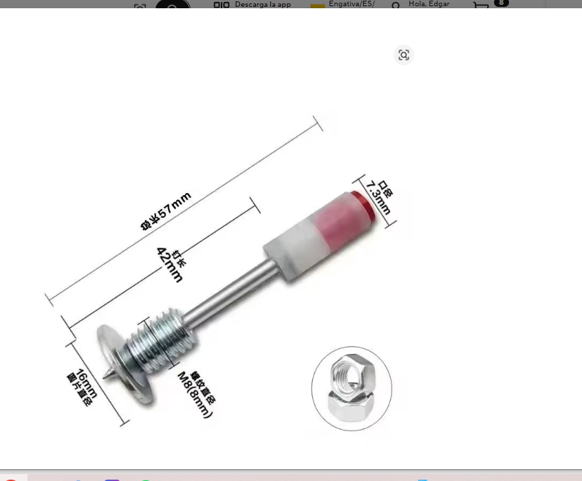 Tornillo metálico compacto con cabeza roja y blanca, que se muestra con etiquetas de medición sobre fondo blanco.