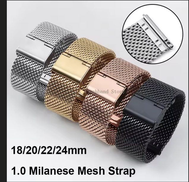 Correas de reloj de metal en plata, negro, oro rosa y oro sobre una superficie de madera,