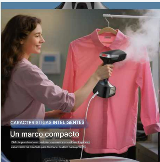 Mujer vaporizando una camisa rosa en una percha en un cuarto de lavandería, con el texto “Un marco compacto” superpuesto.