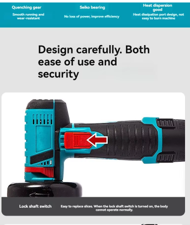 Amoladora angular inalámbrica azul y negra con protector naranja, tal como se muestra