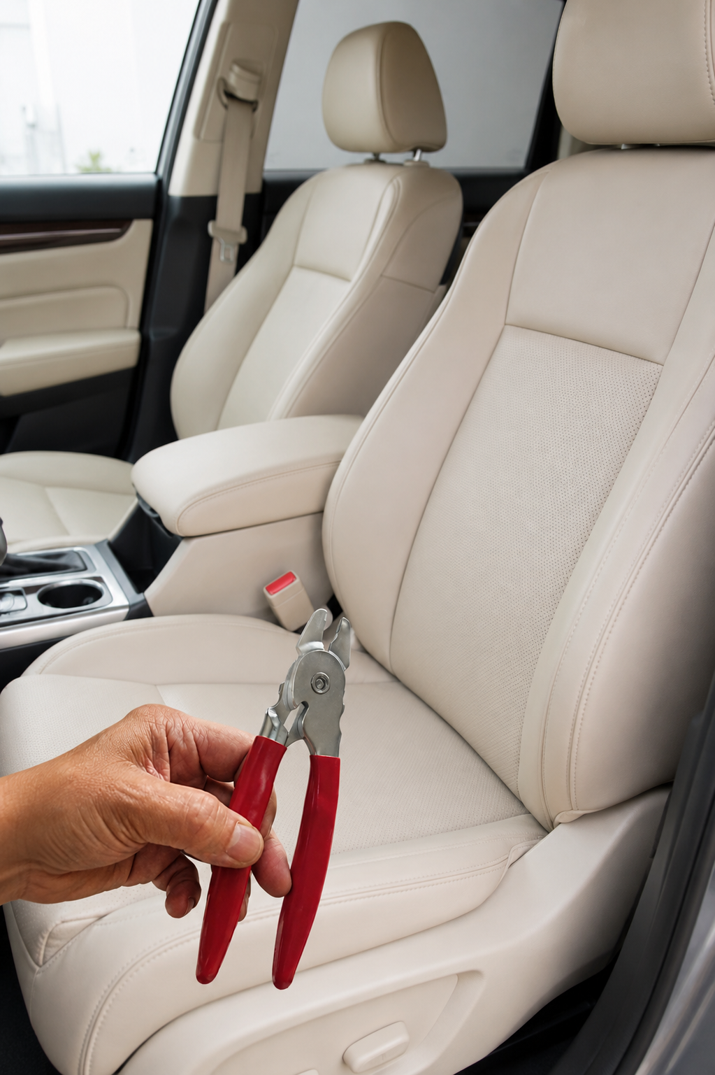 Una mano sostiene unos alicates de mango rojo cerca del interior de un asiento de coche de color beige.