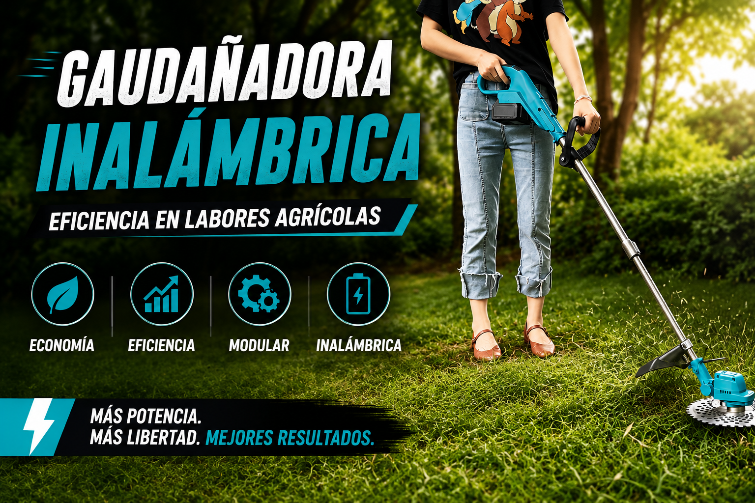 Guadaña inalámbrica en césped, con agricultor usando desbrozadora y texto promocional azul sobre eficiencia agrícola
