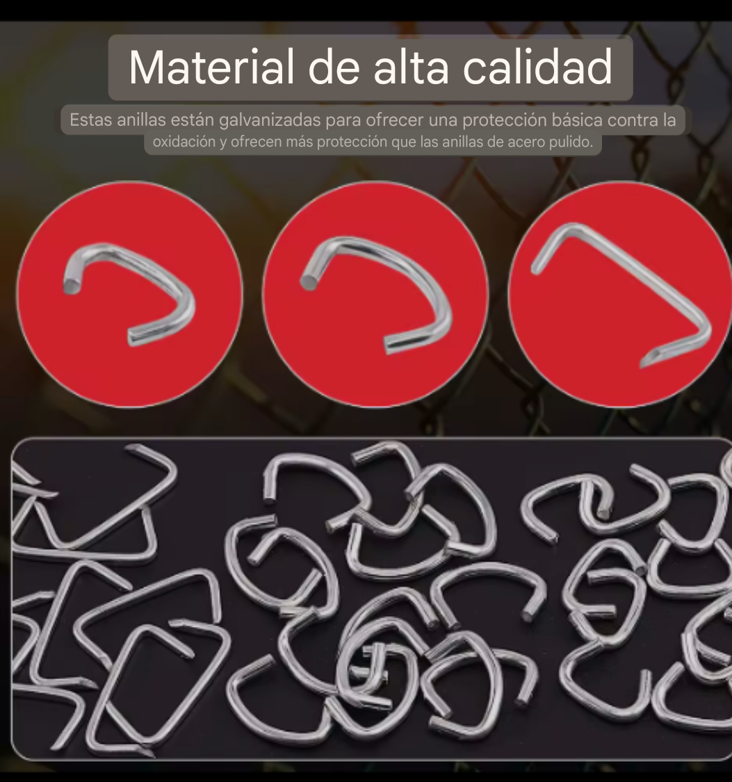 Anuncio español de clips de papel reutilizables de alambre plateado sobre círculos rojos y fondo negro,