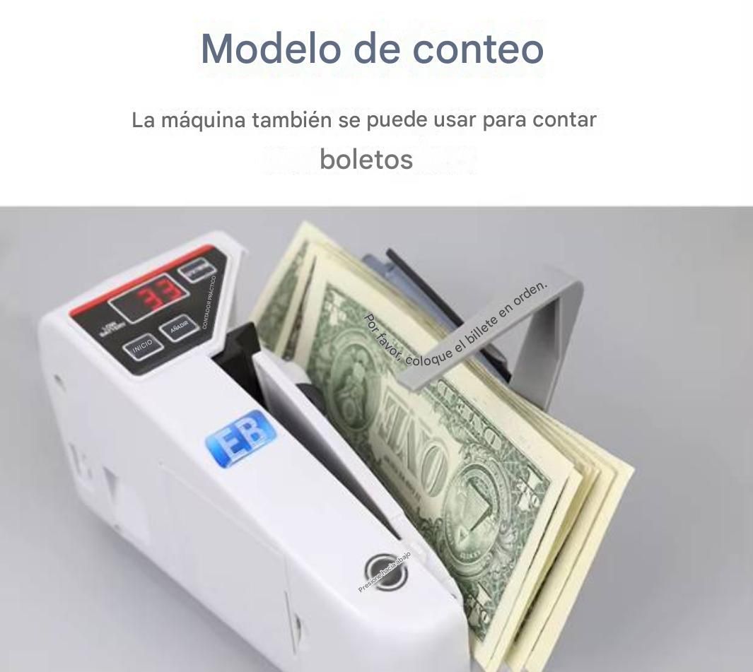 Montón de billetes estadounidenses en una máquina contadora de dinero con una bandeja gris abierta.