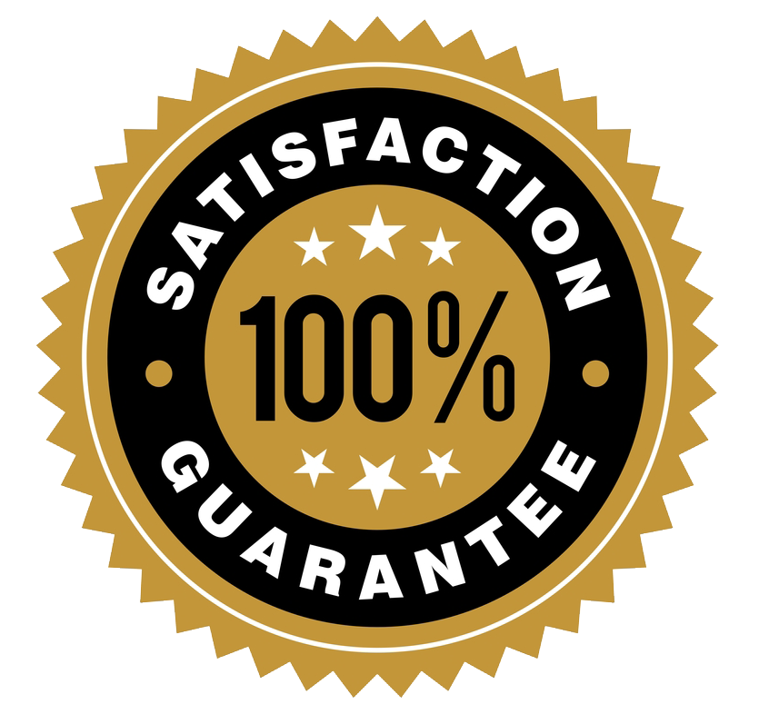 Gold-and-black “100% Satisfaction Guarantee” badge with star accents.