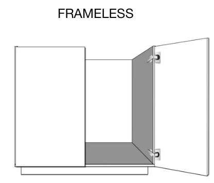 Frameless cabinet with open door showing concealed hinges