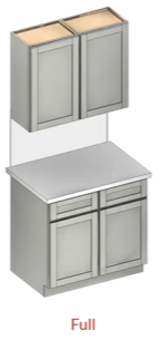 3D rendering of a kitchen cabinet set with upper and lower gray cabinets and a countertop