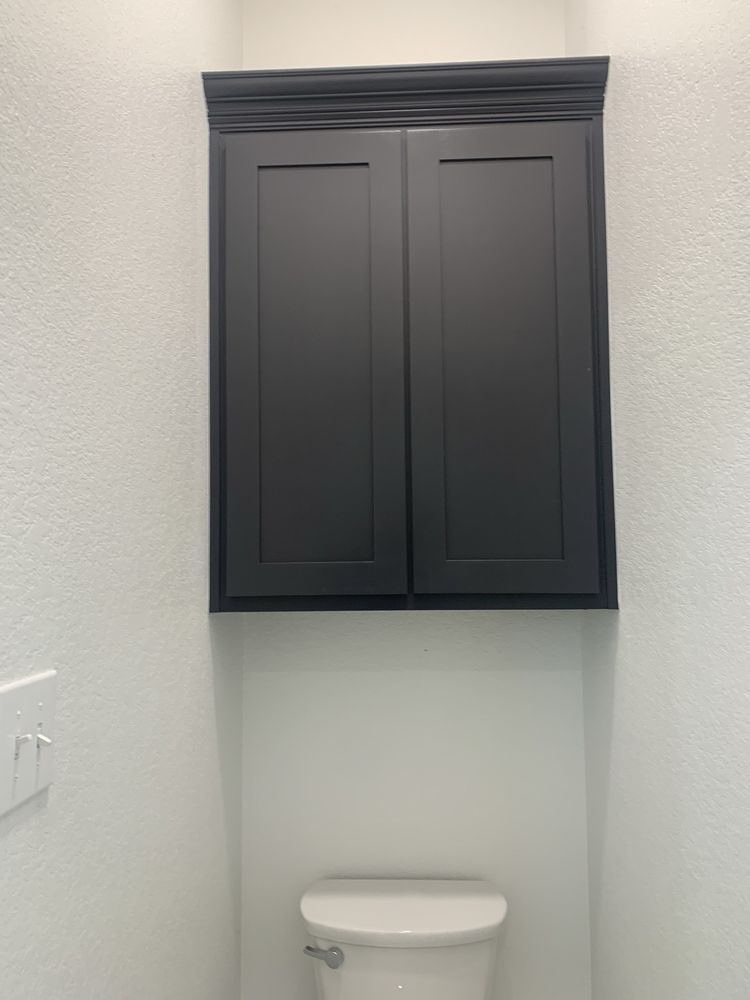 Bathroom with dark wall cabinet above a toilet against a light wall.