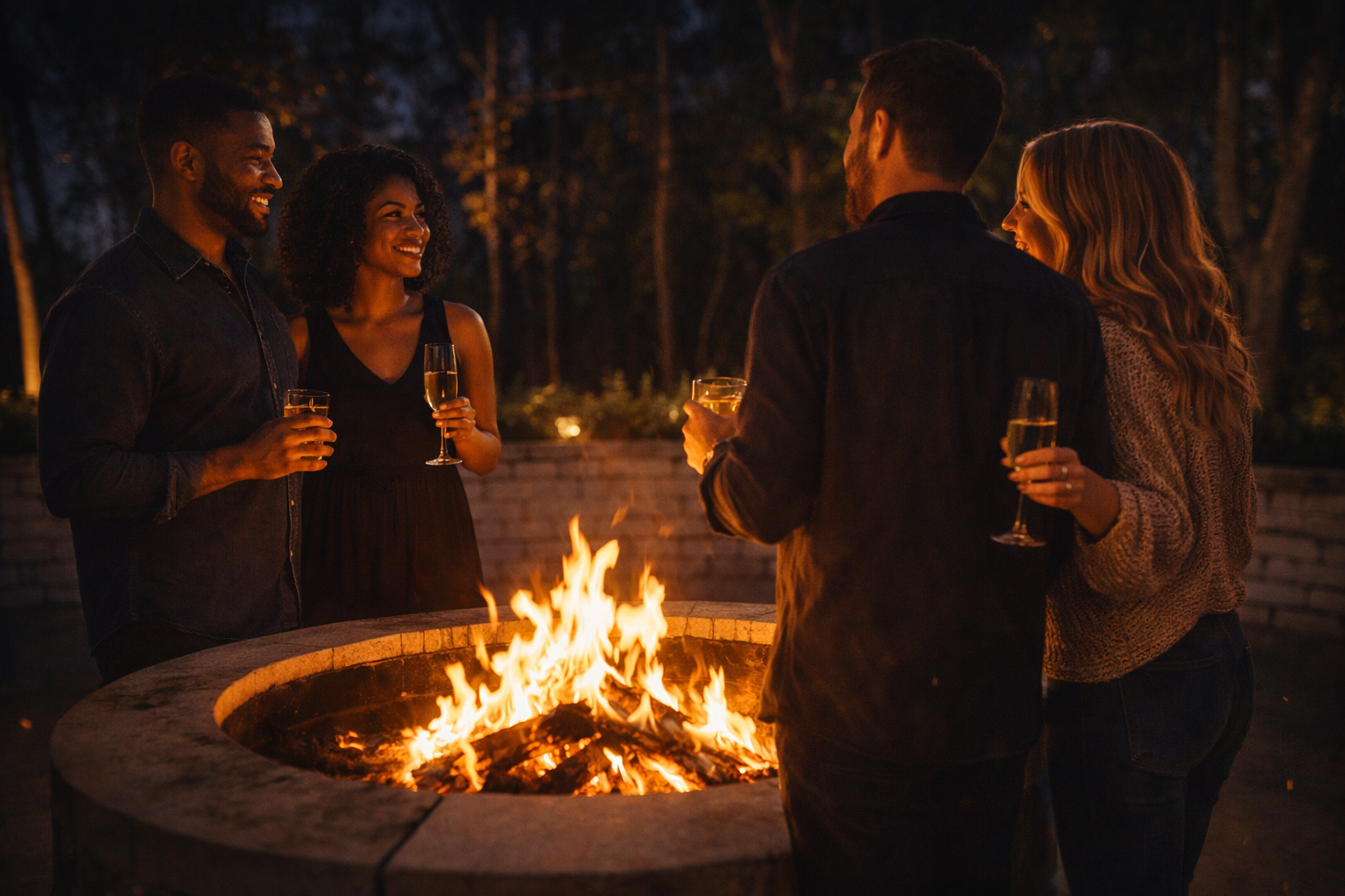 Four people chatting around a glowing fire pit outdoors at night, holding drinks.