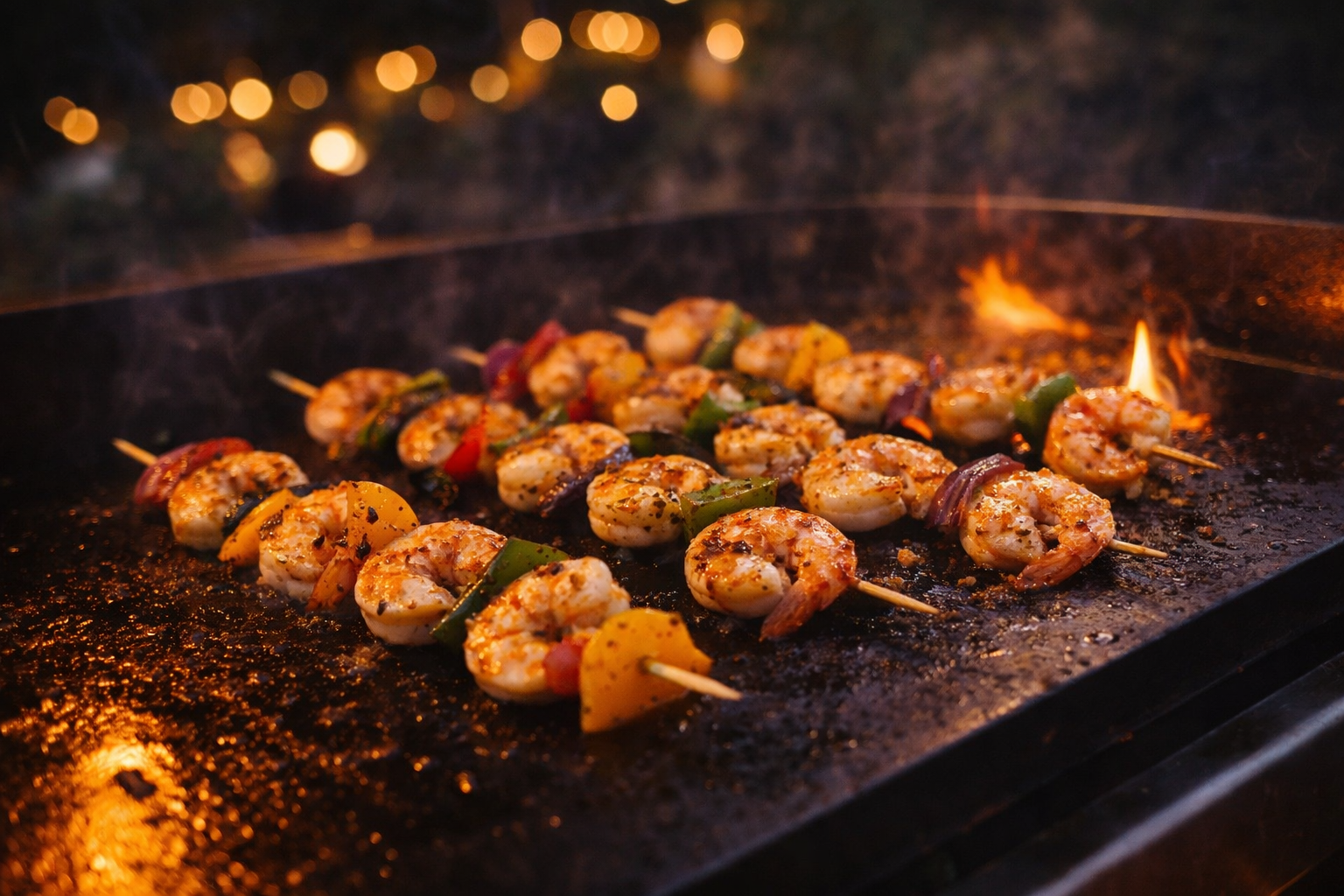 Shrimp and vegetables grilling on a hot black griddle with flames in the background