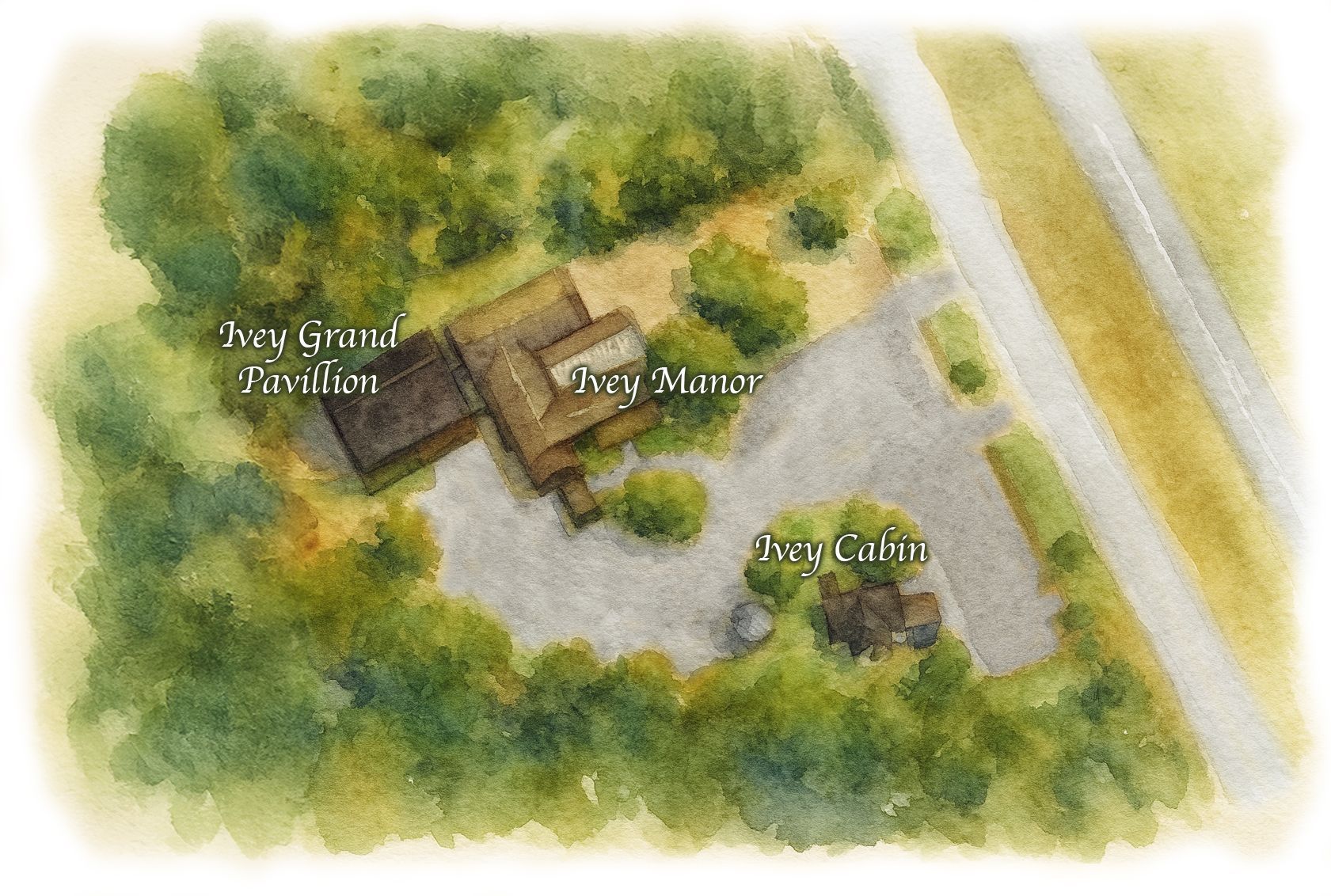 Watercolor illustration of three buildings: 