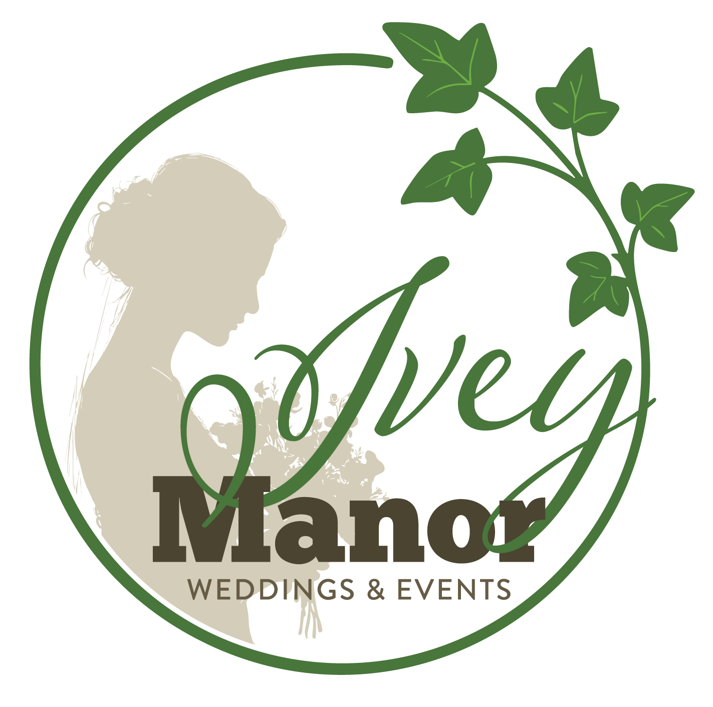 Logo for Ivey Manor Weddings & Events: a woman's silhouette, script text 