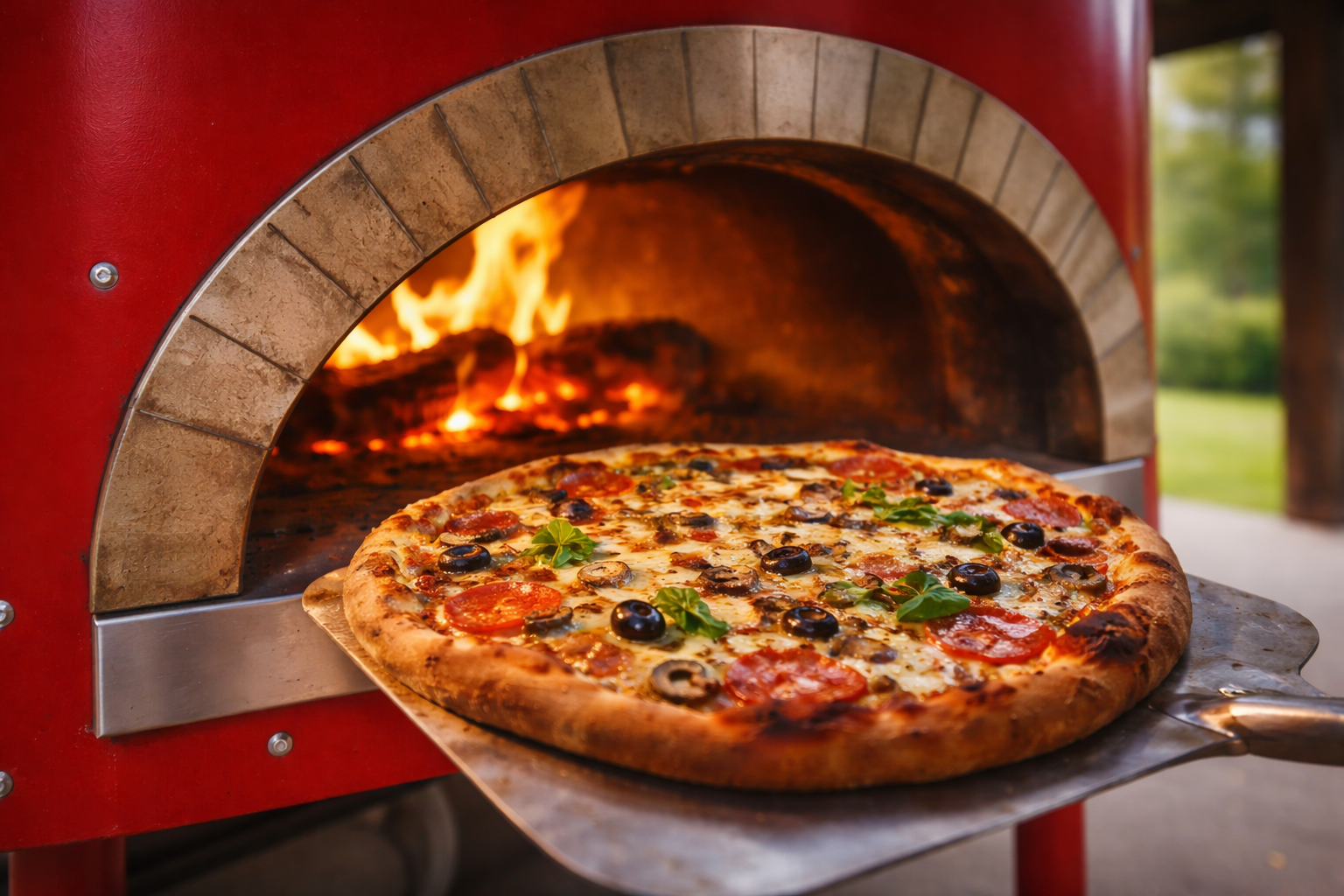 Pizza baking in a wood-fired oven, with a stone crust and flames glowing inside.