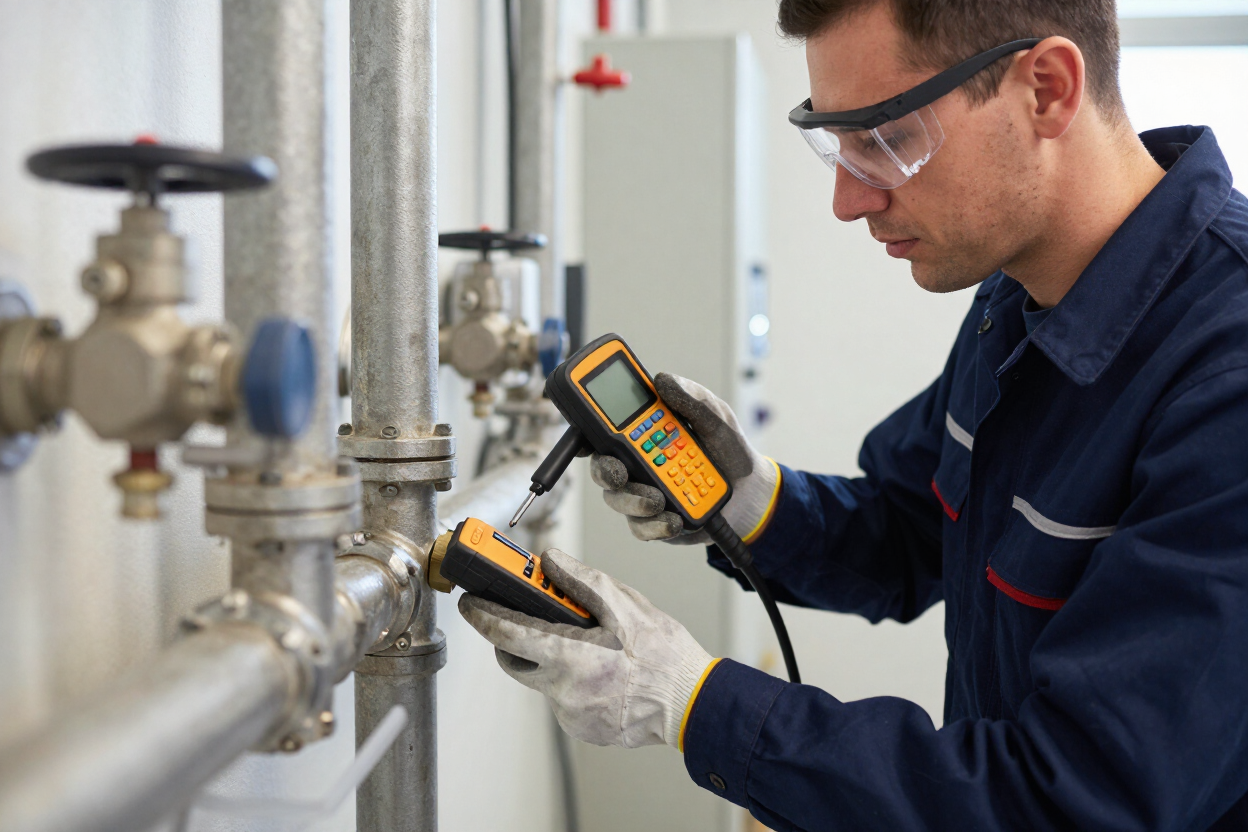 Técnico usando una cámara térmica para inspeccionar tuberías y válvulas industriales en una fábrica.