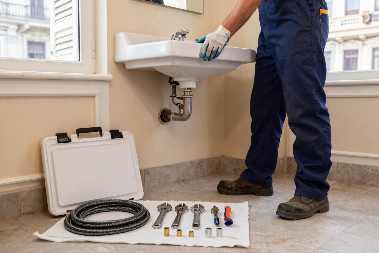 Fontanero reparando un lavabo con las herramientas dispuestas en el suelo.