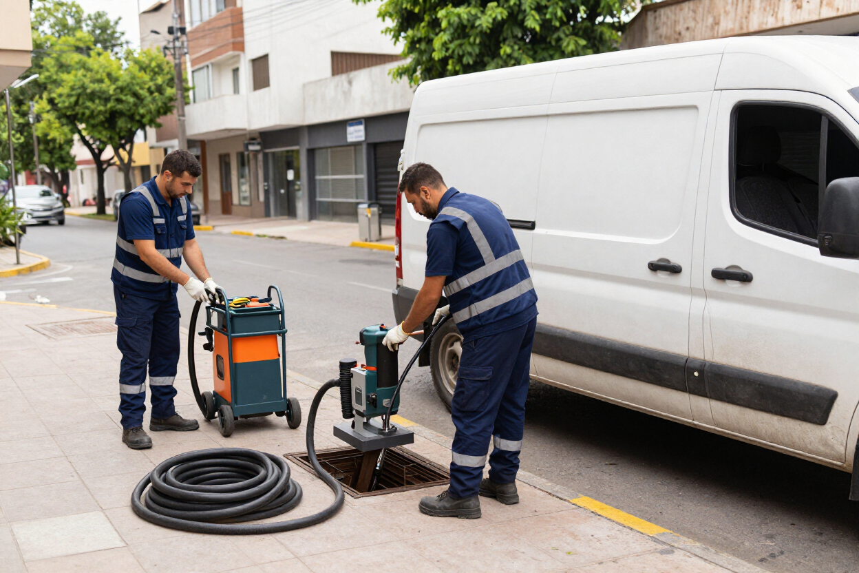 Dos trabajadores manejan maquinaria industrial junto a una furgoneta blanca en una calle de la ciudad.