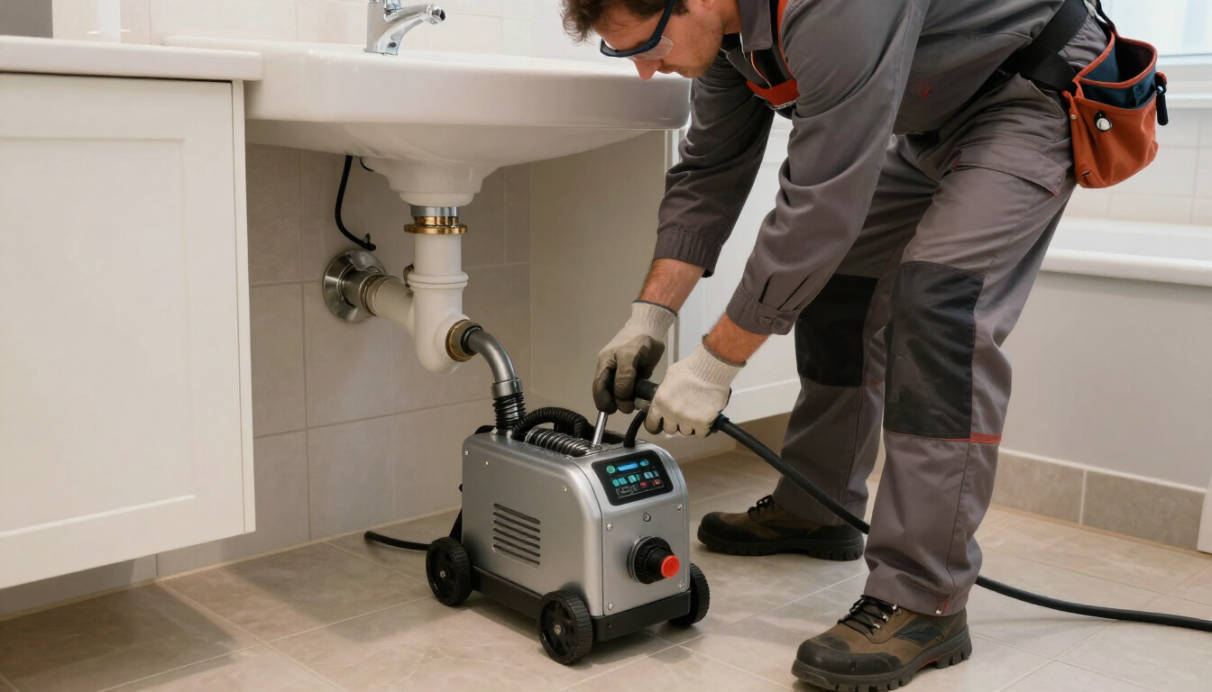 Técnico utilizando una máquina desatascadora debajo de un lavabo en un baño o cuarto de servicio