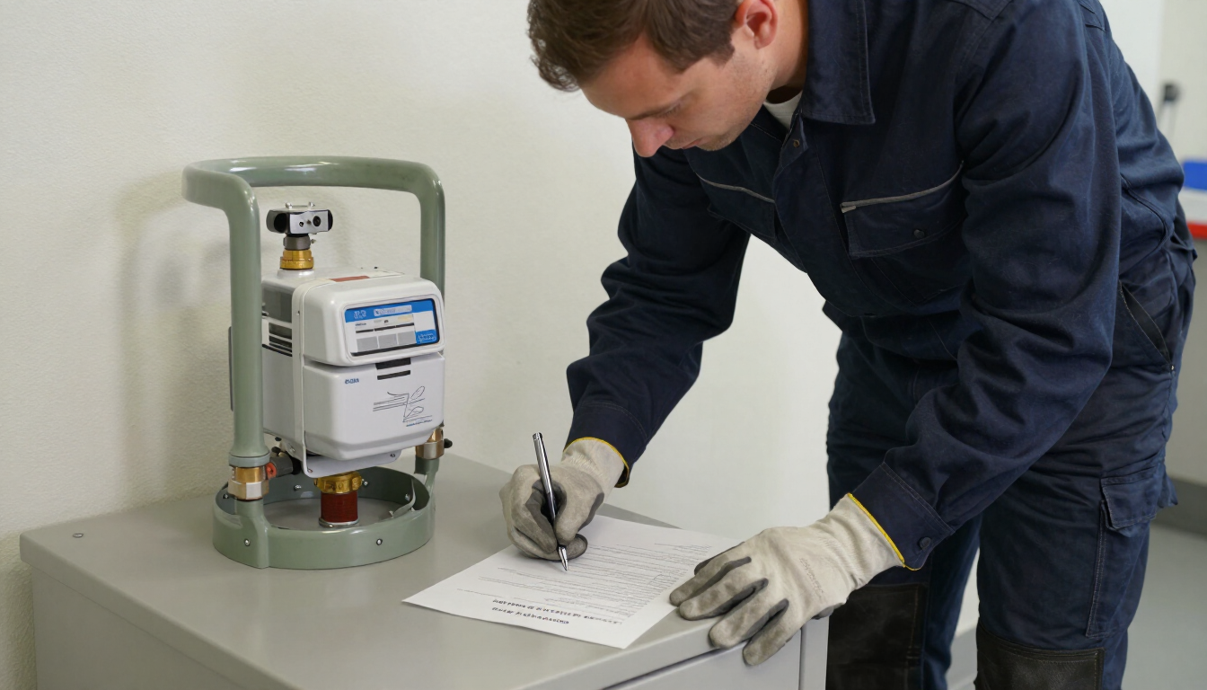 Un técnico inspecciona un contador de gas y toma notas en una carpeta con pinza en un cuarto de servicio
