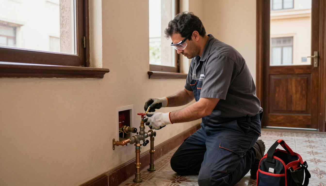 Un trabajador está arrodillado en el interior instalando una tubería de radiador junto a una pared, con herramientas.