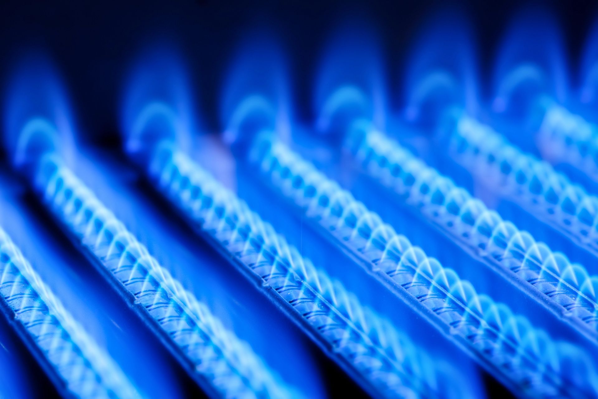 Llamas azules de un quemador de gas en primer plano, donde se ven varias filas paralelas.