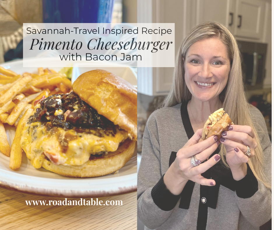 Pimento cheeseburger with bacon jam beside fries, plus woman holding a bite in a kitchen