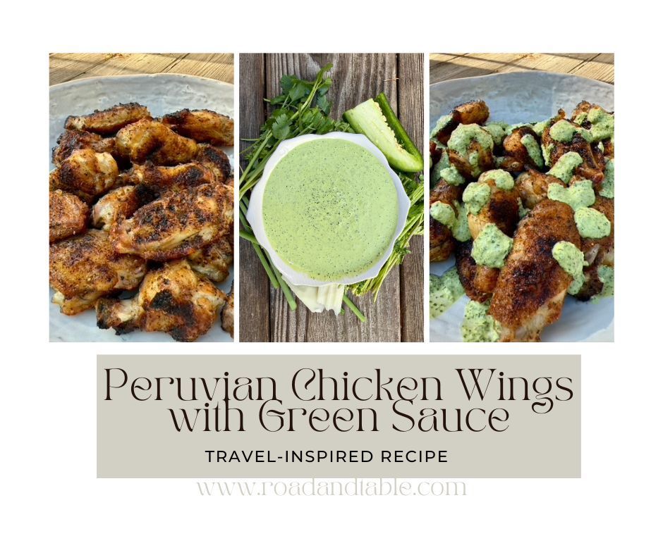 Peruvian chicken wings with green sauce. Three-panel image. Wings on left, green sauce in middle, wings drizzled with sauce on right.