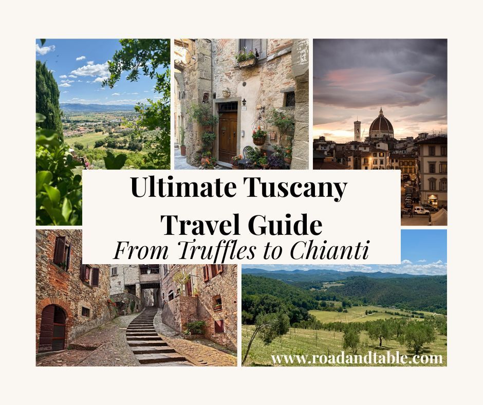 Tuscany travel guide cover with photos of Tuscan landscapes and architecture. 