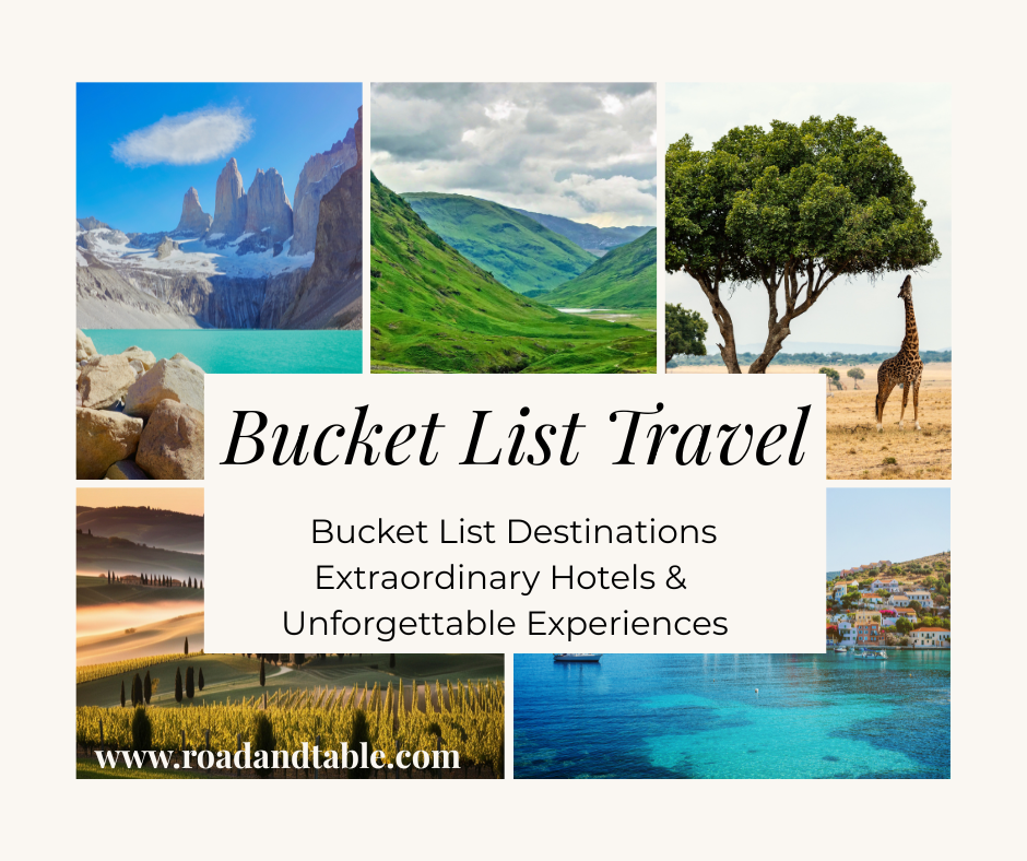 Travel collage with text “Bucket List Travel” and luxury destinations, beaches, mountains, and treehouse views