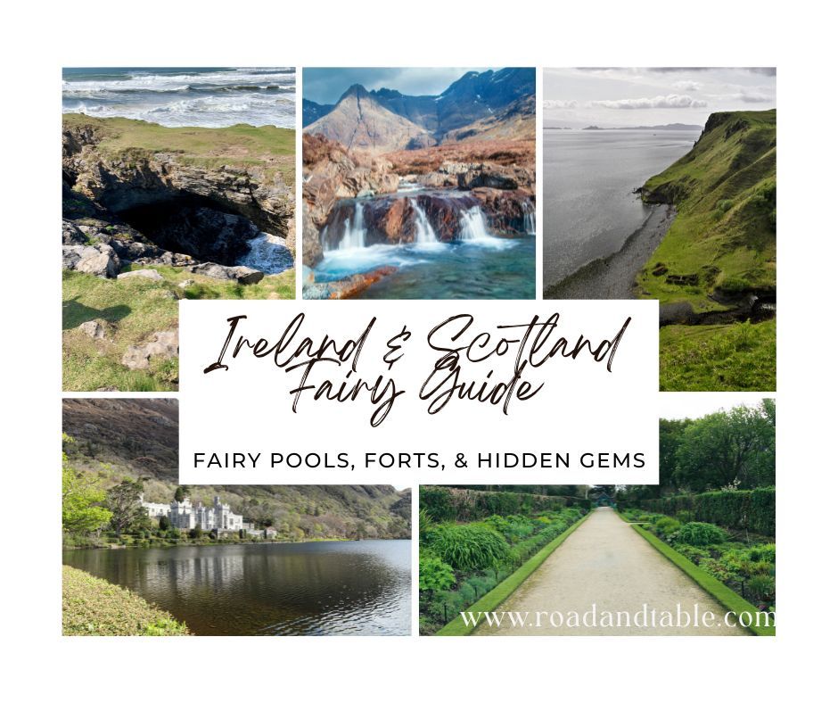 Collage of Ireland & Scotland landscapes: coastline, mountains, castle, text 