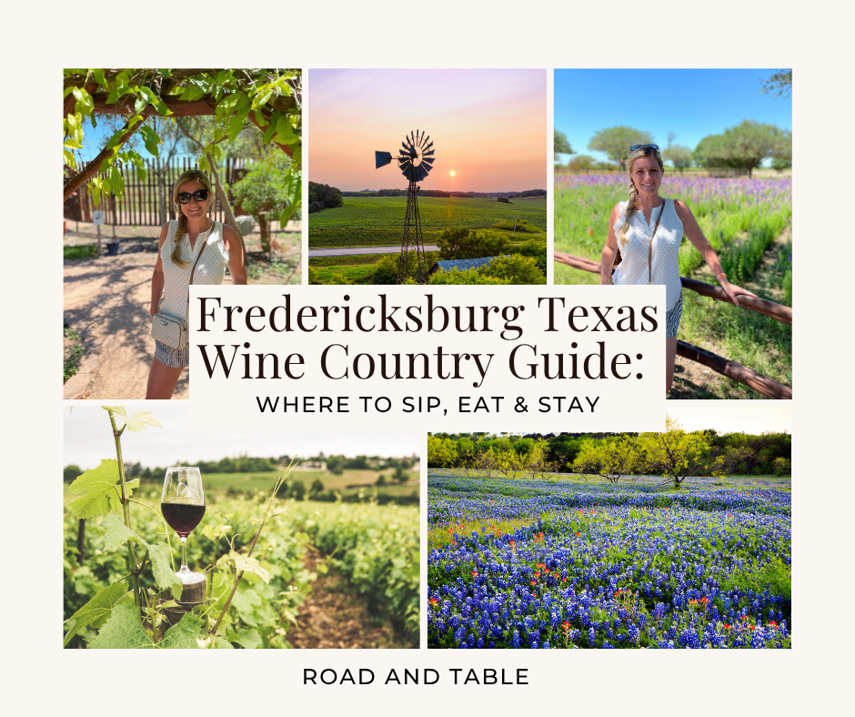 Fredericksburg, Texas wine country guide cover with vineyards, sunsets, and wine tasting scenes