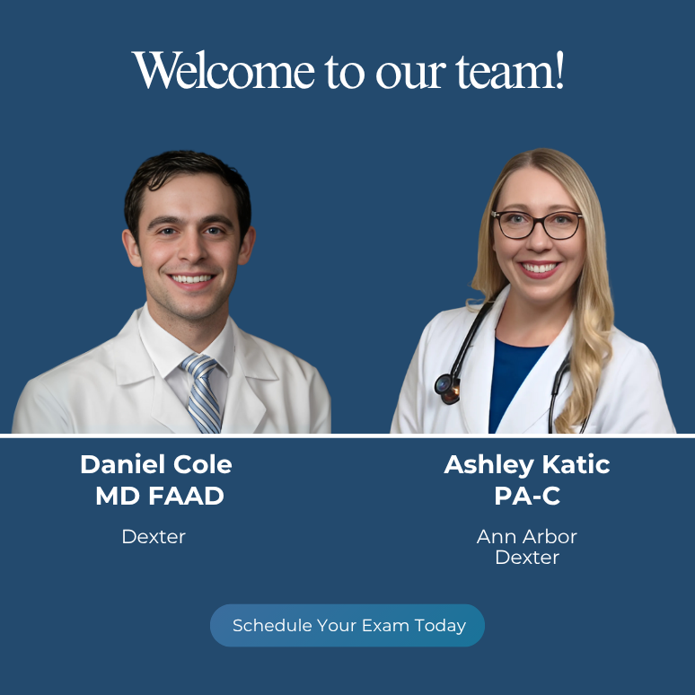 Two medical professionals, Daniel Cole and Ashley Katic, are welcomed to the team. Dark blue background.