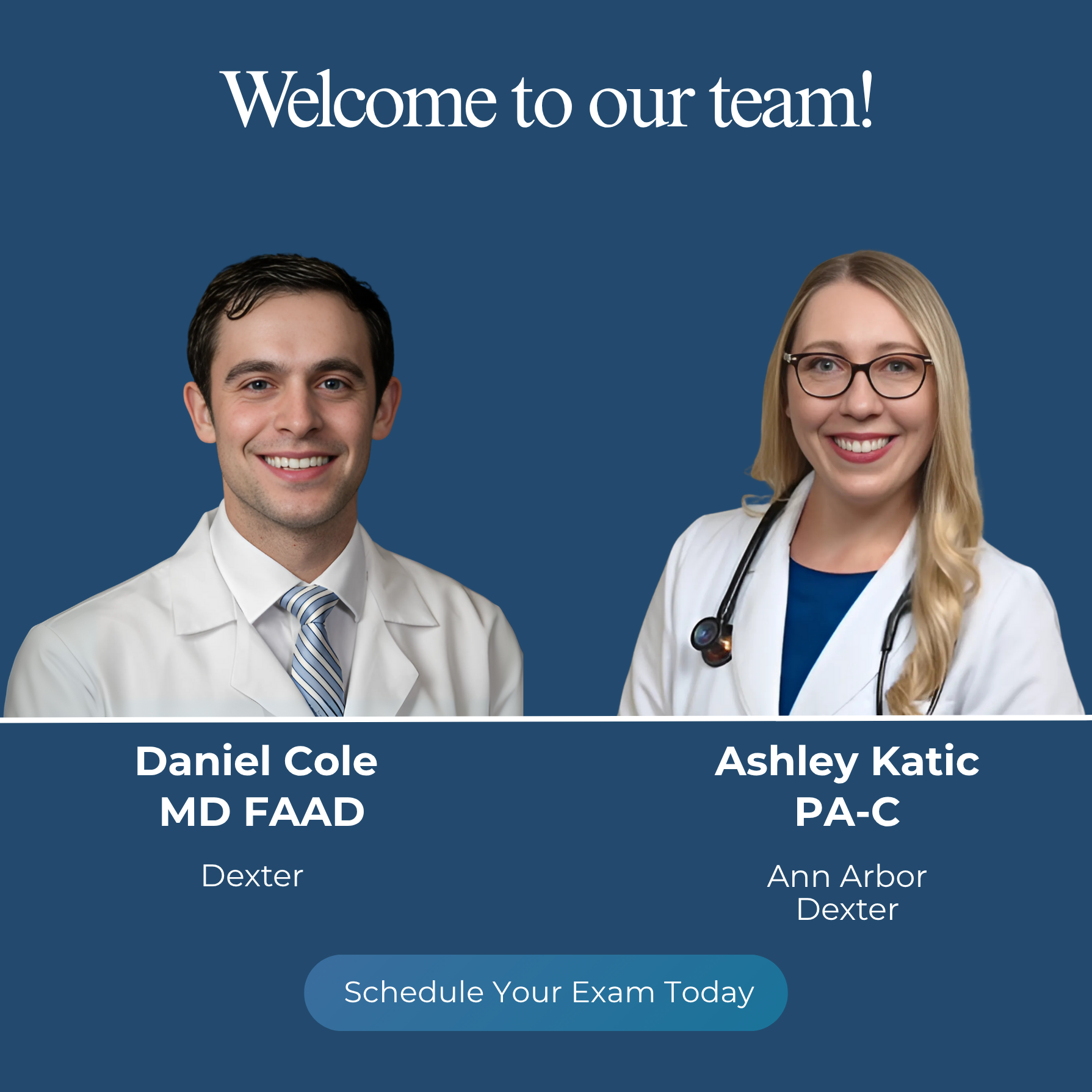 Welcome graphic with two medical professionals, Daniel Cole and Ashley Katic, with