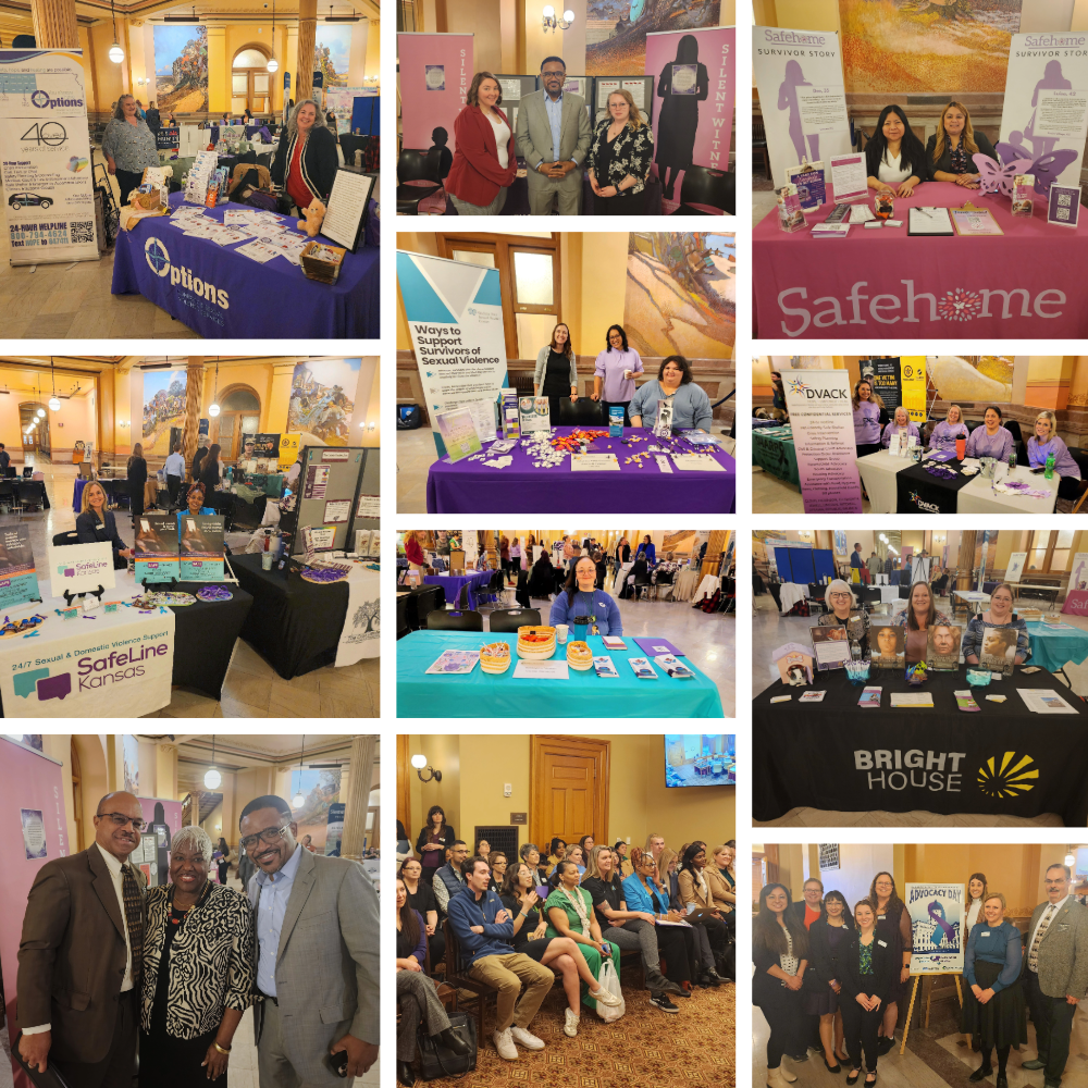 Group of images with various individuals at tables representing their community based advocacy program throughout Kansas.