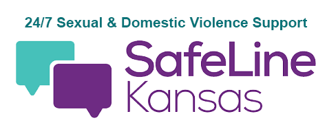 Logo for SafeLine Kansas, providing 24/7 sexual & domestic violence support. Features teal & purple speech bubbles and text.