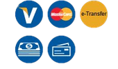 Blue and yellow payment icons for Visa, Mastercard, e-Transfer, cash, and credit card