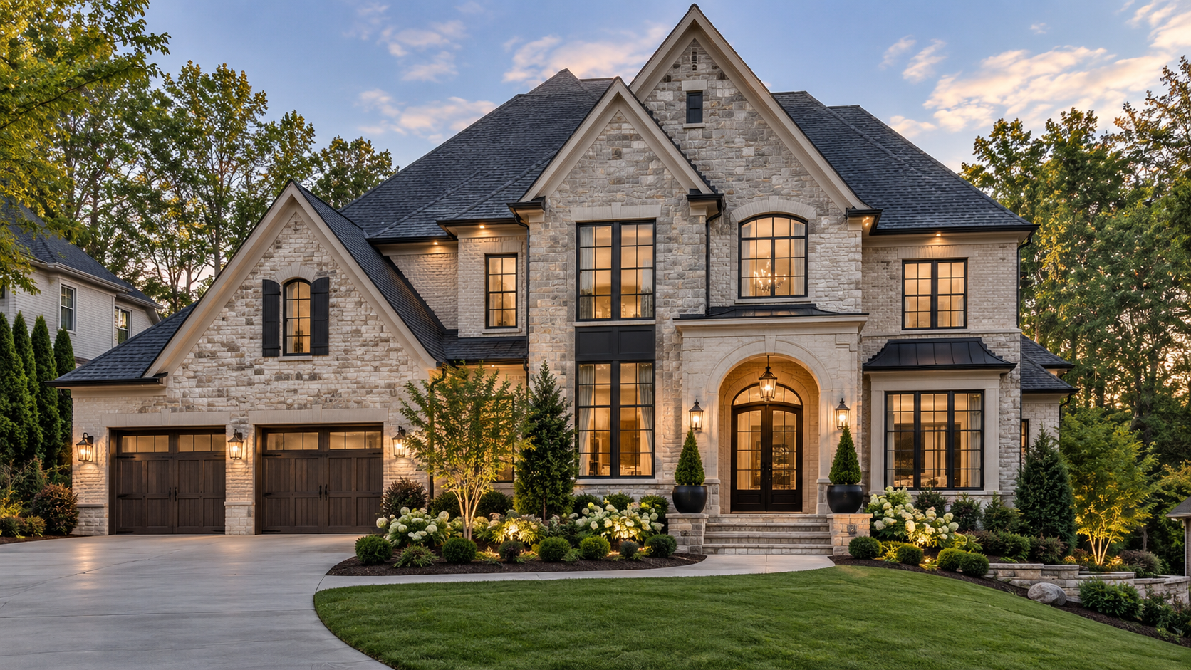 Large stone suburban house with lit windows, dark roof, arched entry, and manicured lawn at dusk