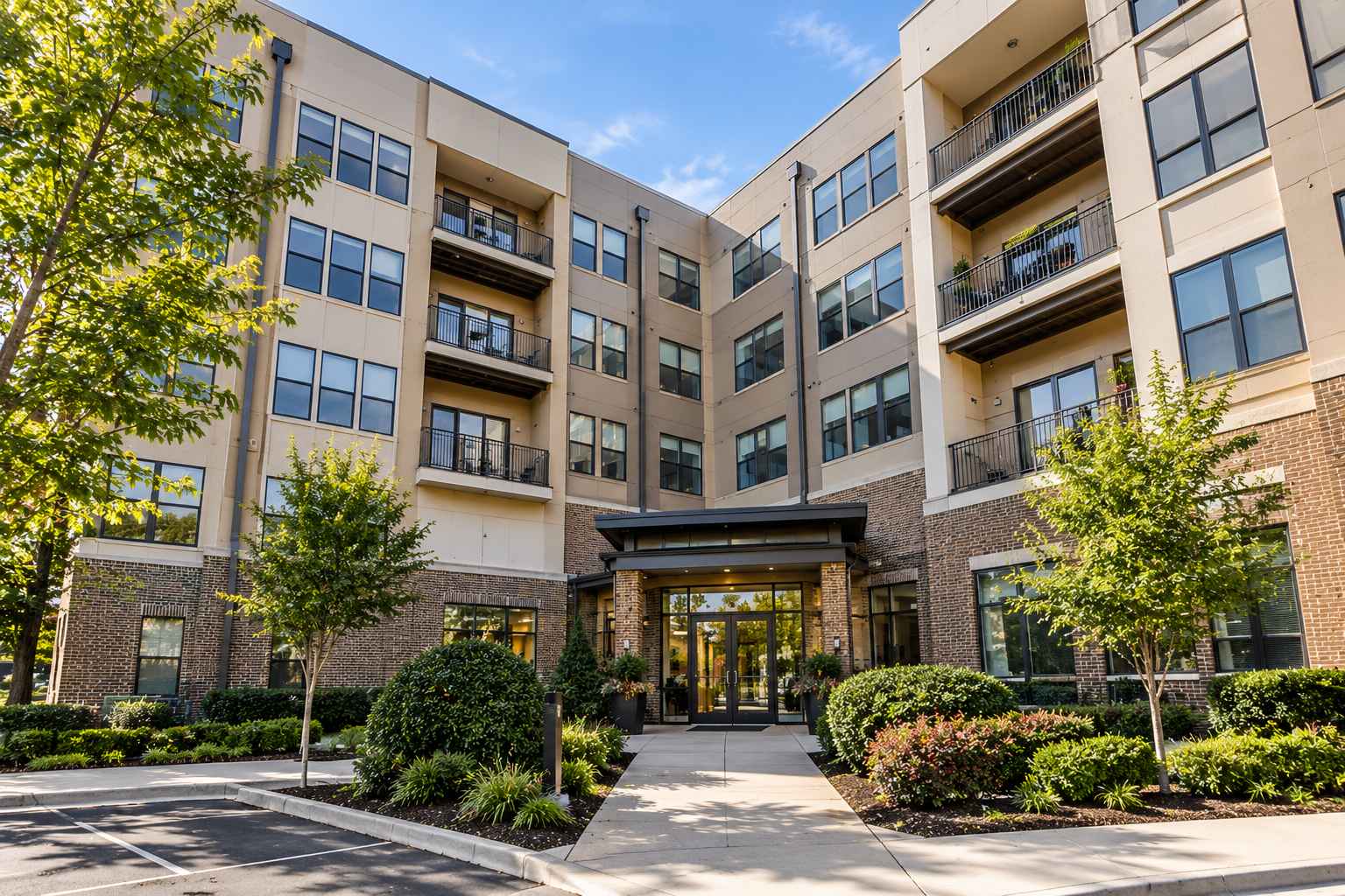 Modern apartment building entrance with balconies, stone facade, and landscaped courtyard